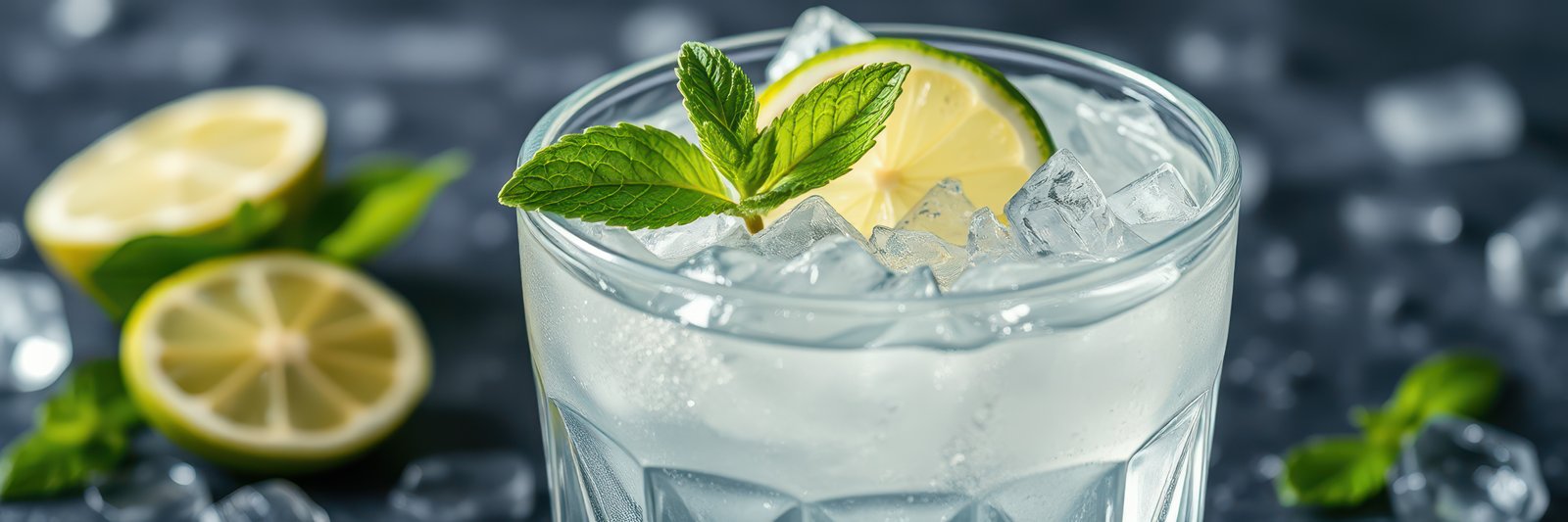 Refreshing cocktail with lime and mint garnished on a textured background filled with ice cubes